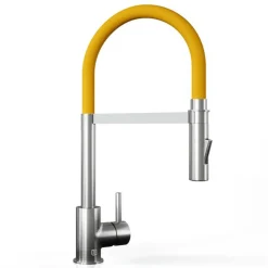 The Tap Factory Vibrance Tube Brushed Nickel Mono Pull Out Kitchen Mixer Tap with Coloured Spout
