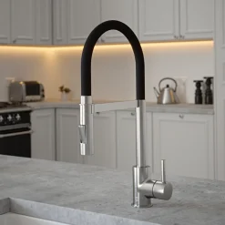The Tap Factory Vibrance Tube Brushed Nickel Mono Pull Out Kitchen Mixer Tap with Coloured Spout
