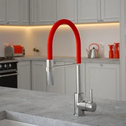 The Tap Factory Vibrance Tube Brushed Nickel Mono Pull Out Kitchen Mixer Tap with Coloured Spout