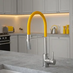 The Tap Factory Vibrance Tube Brushed Nickel Mono Pull Out Kitchen Mixer Tap with Coloured Spout