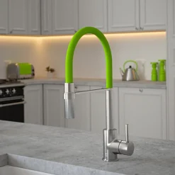 The Tap Factory Vibrance Tube Brushed Nickel Mono Pull Out Kitchen Mixer Tap with Coloured Spout