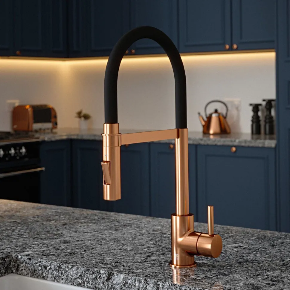 The Tap Factory Vibrance Tube Brushed Copper Mono Pull Out Kitchen Mixer Tap with Coloured Spout