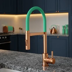 The Tap Factory Vibrance Tube Brushed Copper Mono Pull Out Kitchen Mixer Tap with Coloured Spout