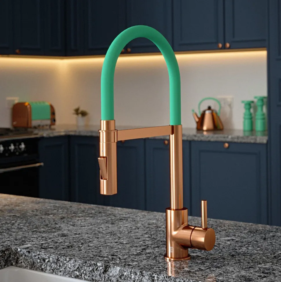 The Tap Factory Vibrance Tube Brushed Copper Mono Pull Out Kitchen Mixer Tap with Coloured Spout