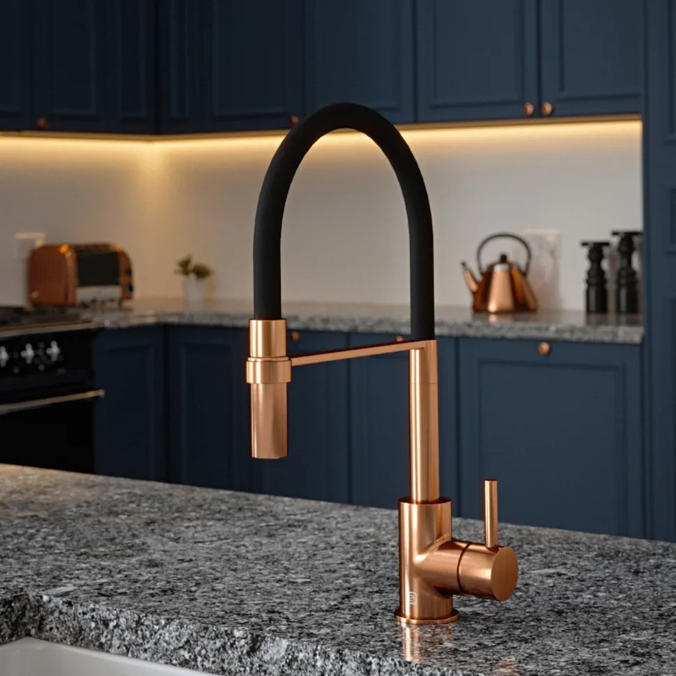 The Tap Factory Vibrance Tube Brushed Copper Mono Pull Out Kitchen Mixer Tap with Coloured Spout