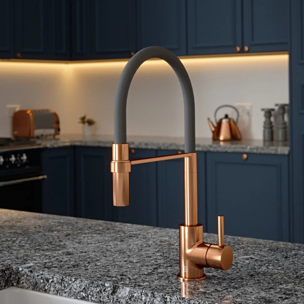 The Tap Factory Vibrance Tube Brushed Copper Mono Pull Out Kitchen Mixer Tap with Coloured Spout