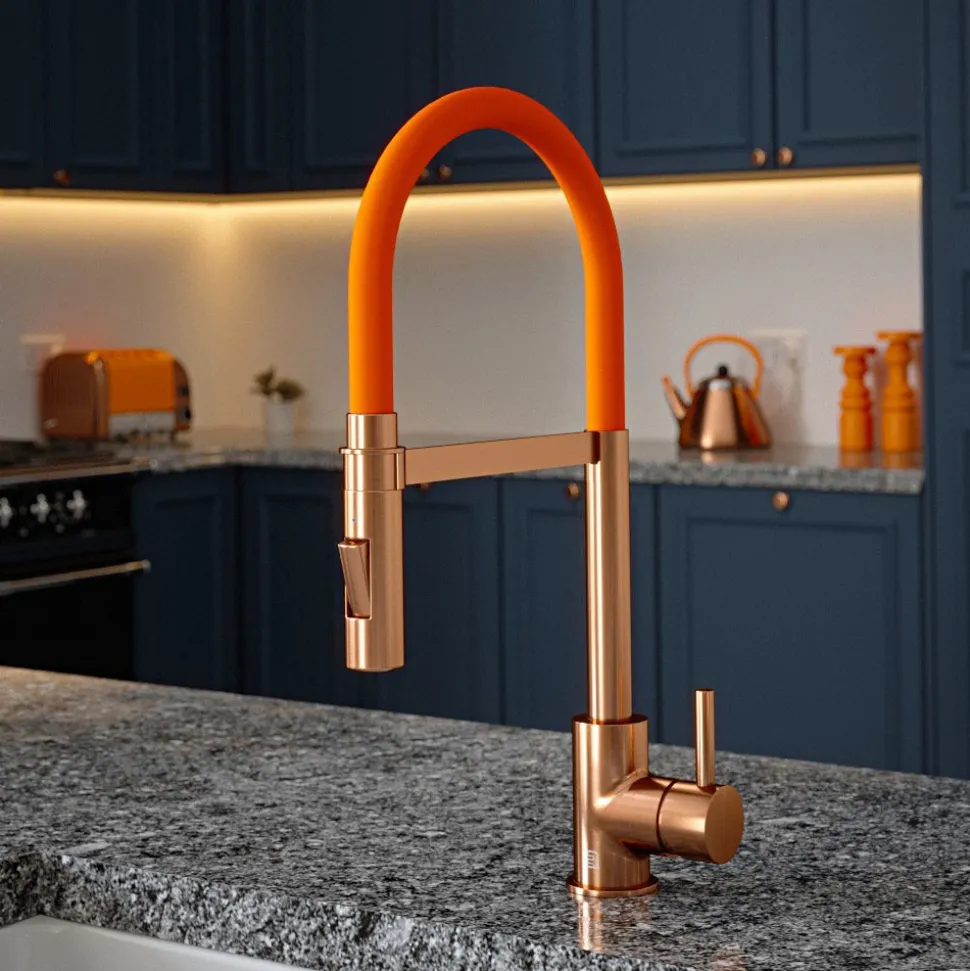 The Tap Factory Vibrance Tube Brushed Copper Mono Pull Out Kitchen Mixer Tap with Coloured Spout