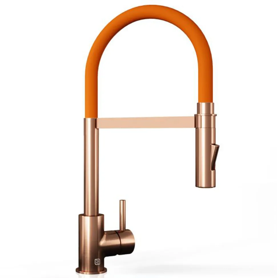 The Tap Factory Vibrance Tube Brushed Copper Mono Pull Out Kitchen Mixer Tap with Coloured Spout