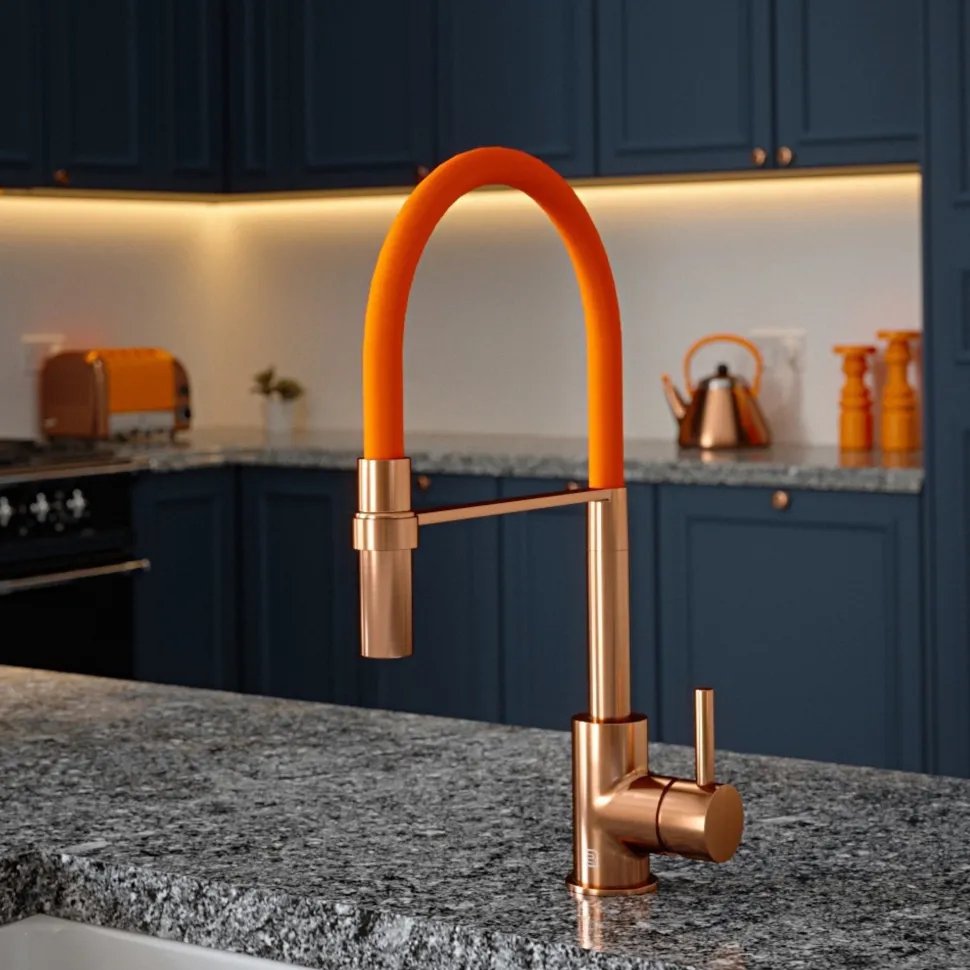 The Tap Factory Vibrance Tube Brushed Copper Mono Pull Out Kitchen Mixer Tap with Coloured Spout