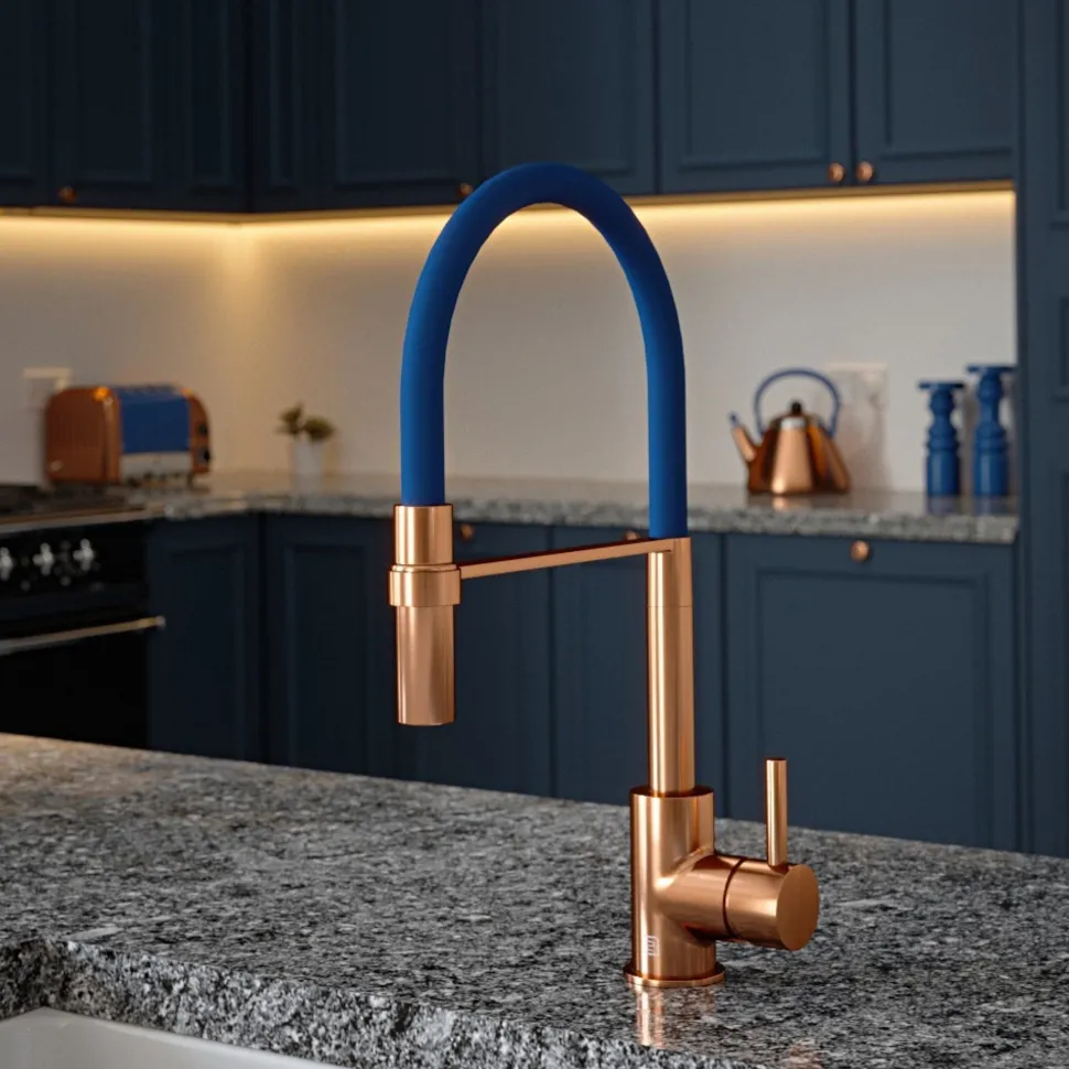 The Tap Factory Vibrance Tube Brushed Copper Mono Pull Out Kitchen Mixer Tap with Coloured Spout