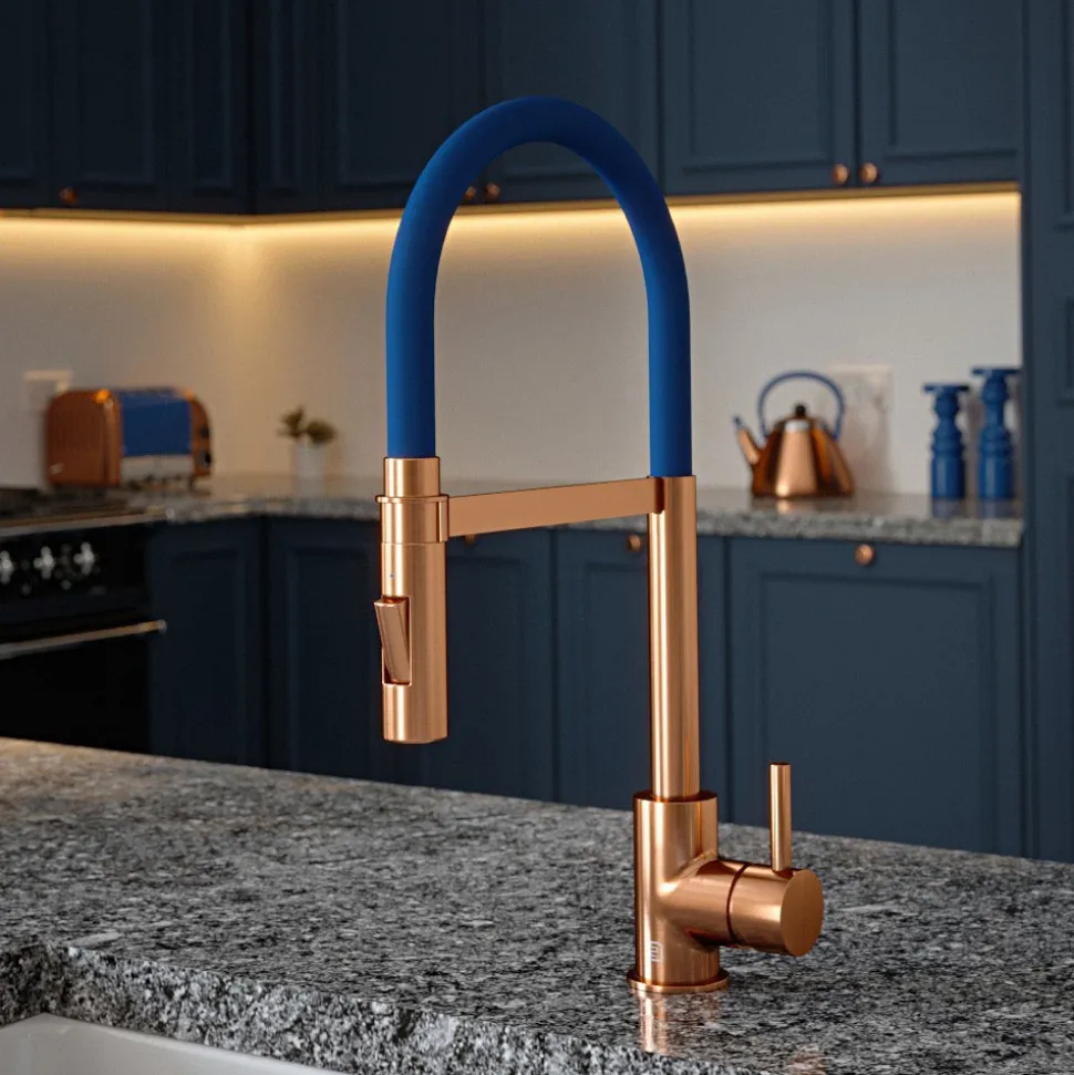 The Tap Factory Vibrance Tube Brushed Copper Mono Pull Out Kitchen Mixer Tap with Coloured Spout
