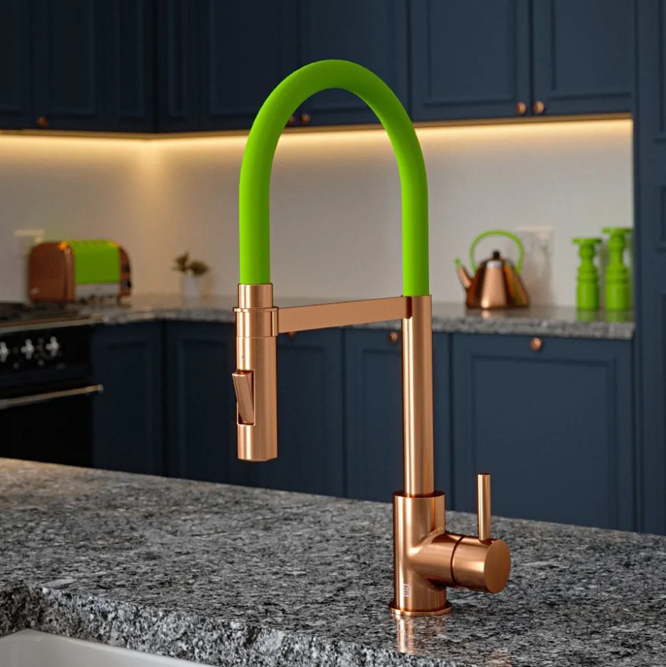 The Tap Factory Vibrance Tube Brushed Copper Mono Pull Out Kitchen Mixer Tap with Coloured Spout