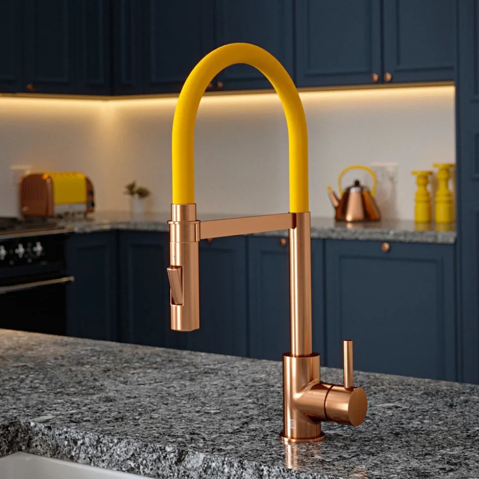 The Tap Factory Vibrance Tube Brushed Copper Mono Pull Out Kitchen Mixer Tap with Coloured Spout