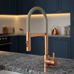 The Tap Factory Vibrance Tube Brushed Copper Mono Pull Out Kitchen Mixer Tap with Coloured Spout