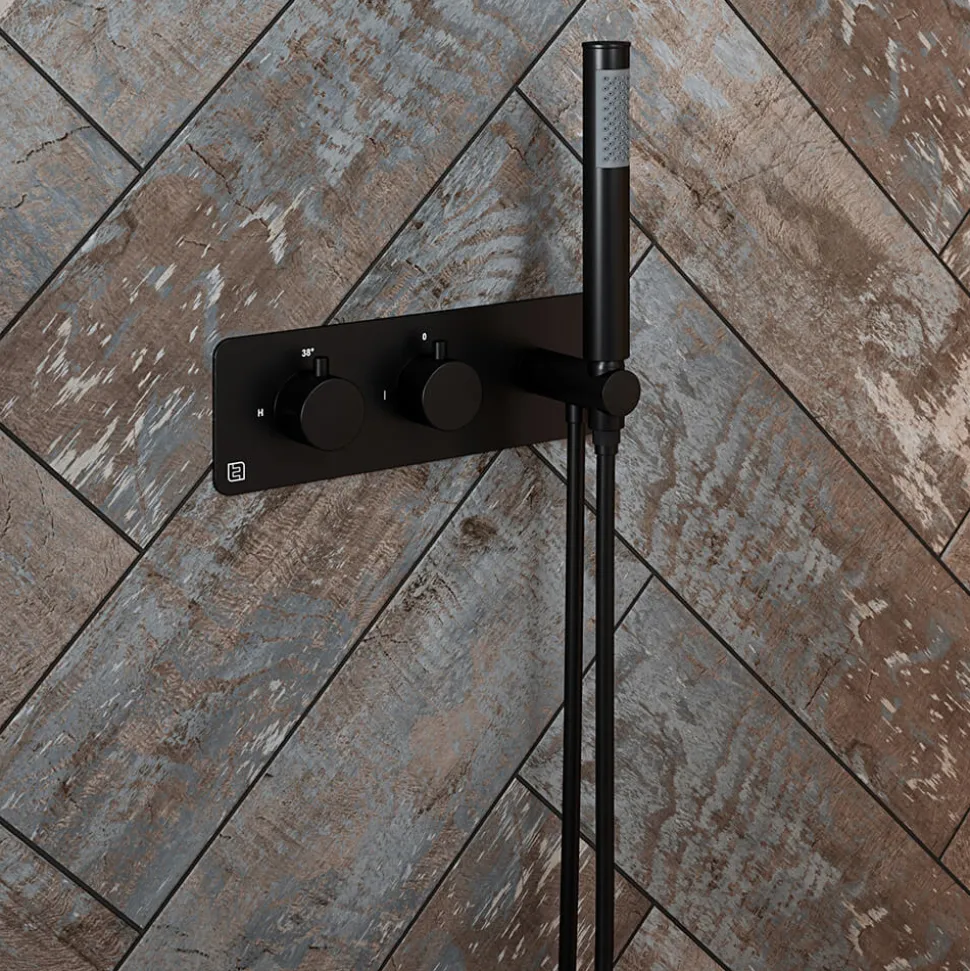The Tap Factory Vibrance Vanto Black WRAS Approved Concealed Thermostatic Shower Valve with Fixed Shower Head and Shower Handset