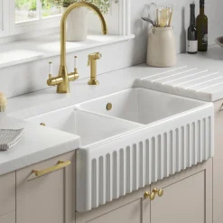 Thomas Denby Buxton 2 Bowl Fluted White Ceramic Belfast Sink - 895 x 465mm