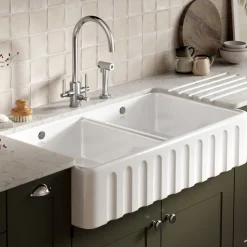 Thomas Denby Cotswold 2 Bowl Fluted White Ceramic Belfast Sink - 1000 x 535mm