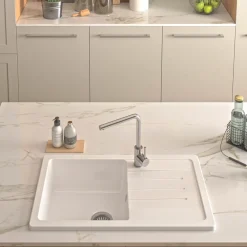 Thomas Denby Jarla Mini 1 Bowl Gloss White Ceramic Kitchen Sink with Reversible Drainer - 860 x 500mm