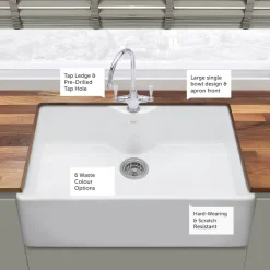 Thomas Denby Legacy Belfast 1 Bowl Gloss White Ceramic Kitchen Sink with Tap Ledge - 795 x 500mm
