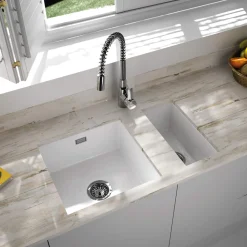Thomas Denby Metro 1 Bowl and Half Bowl Inset or Undermount Gloss White Ceramic Kitchen Sink