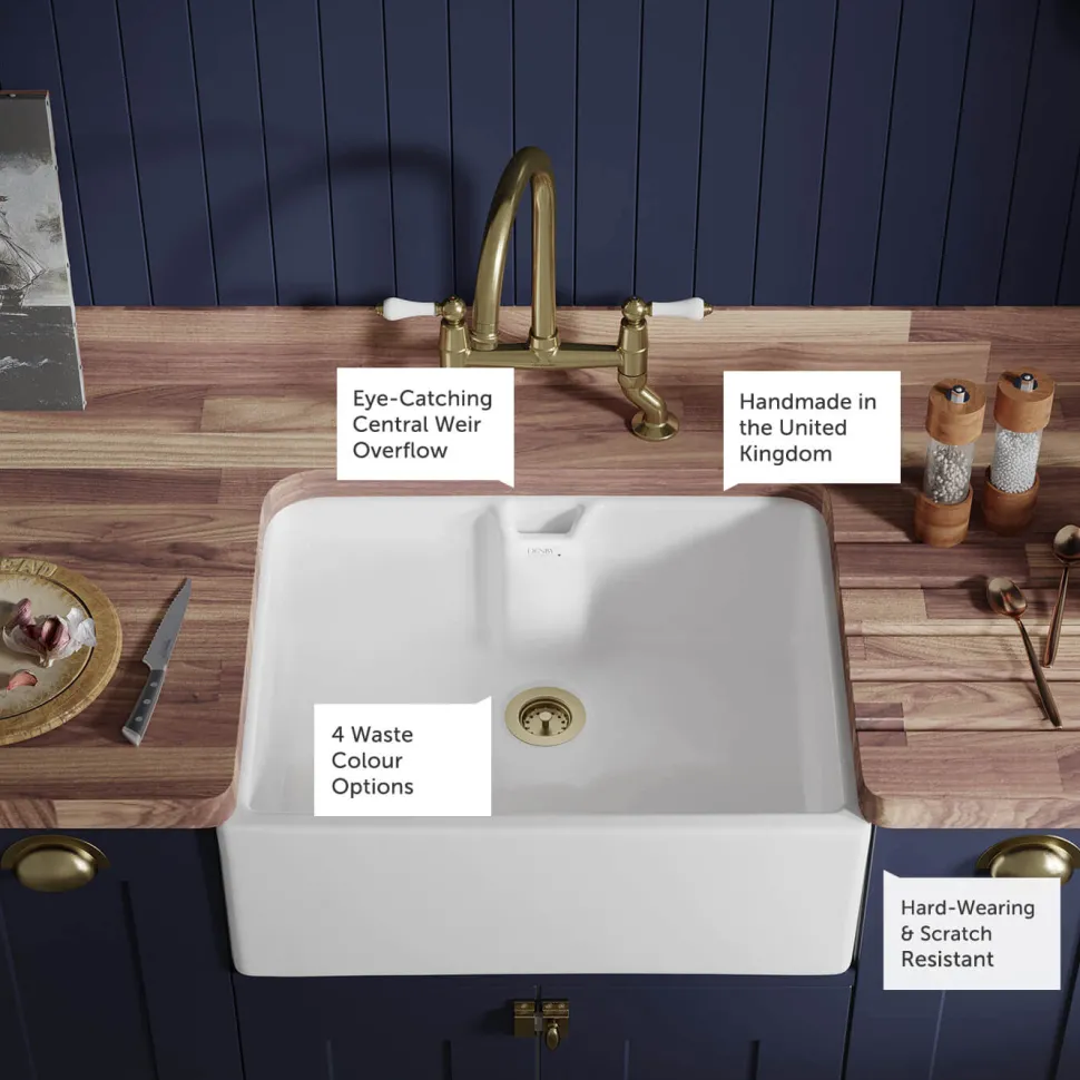 Thomas Denby Norfolk Belfast 1 Bowl Gloss White Ceramic Kitchen Sink - 595 x 460mm