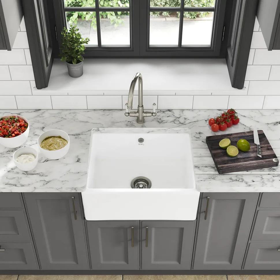 Thomas Denby Oxford Belfast 1 Bowl Gloss White Ceramic Kitchen Sink - 595 x 465mm