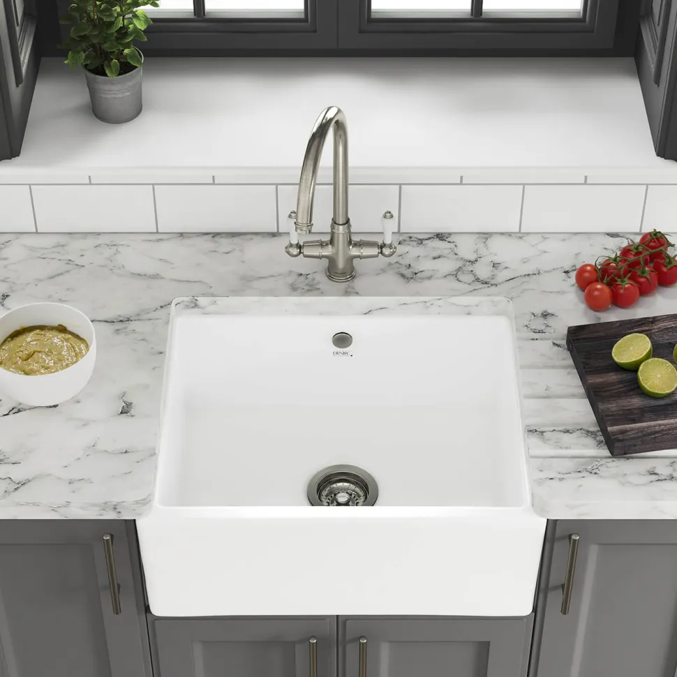 Thomas Denby Oxford Belfast 1 Bowl Gloss White Ceramic Kitchen Sink - 595 x 465mm