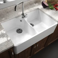Thomas Denby Vintage Belfast 2 Bowl Gloss White Ceramic Kitchen Sink - 794 x 490mm