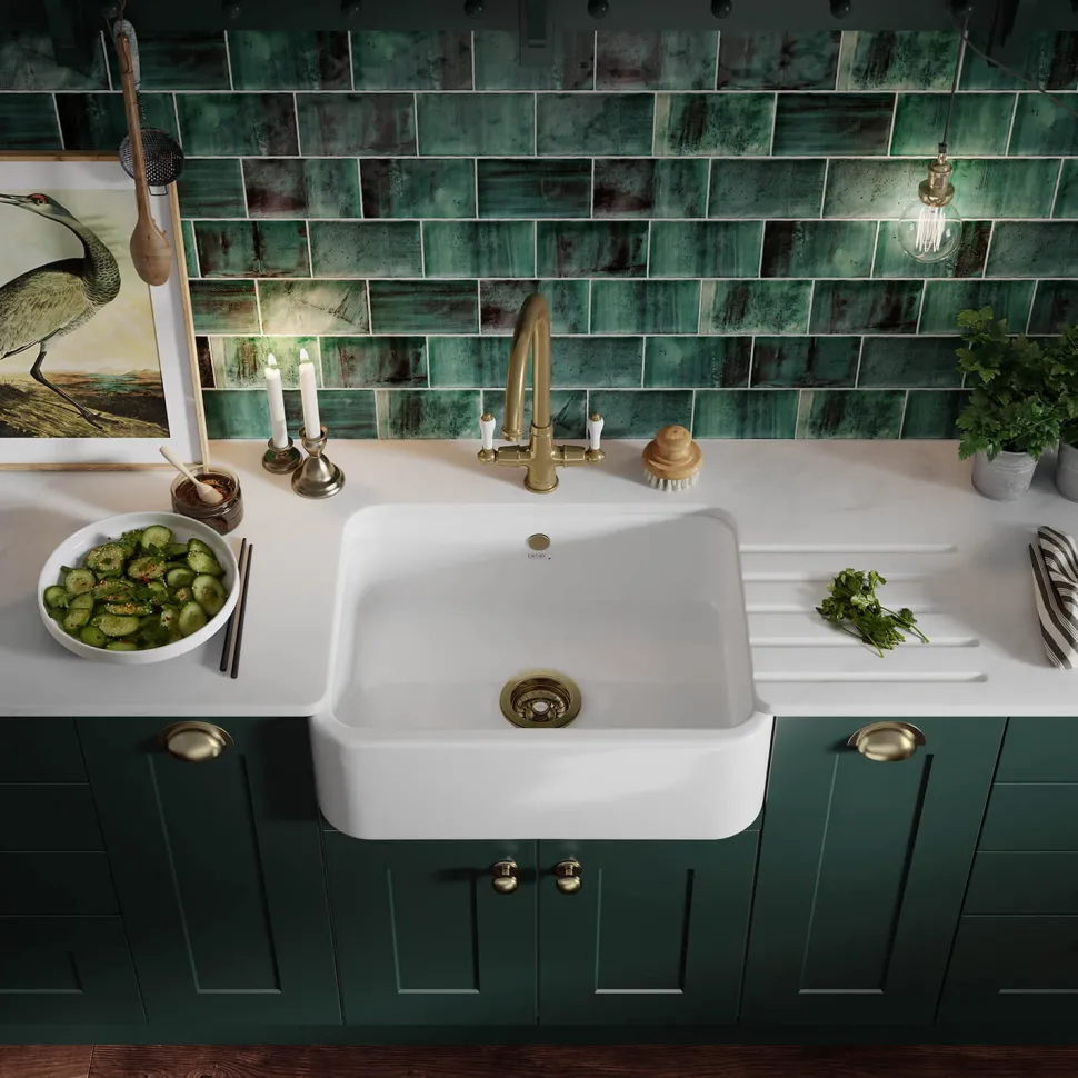 Thomas Denby Windsor Belfast 1 Bowl Gloss White Ceramic Kitchen Sink - 595 x 460mm