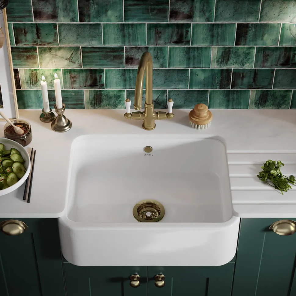 Thomas Denby Windsor Belfast 1 Bowl Gloss White Ceramic Kitchen Sink - 595 x 460mm