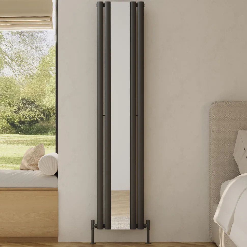 Toasty Echo Anthracite Grey Oval Single Panel Vertical Mirror Radiator - 1800 x 380mm