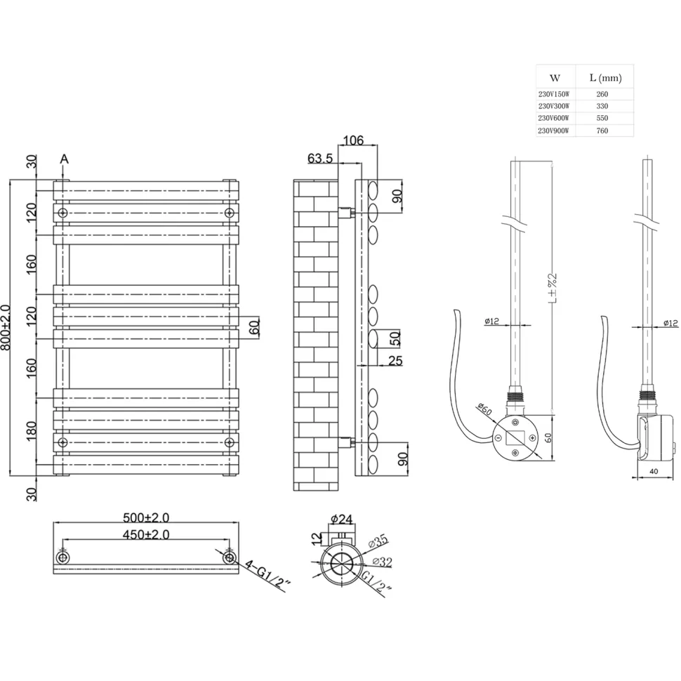Toasty Eden Matt Black Electric Heated Towel Rail with Heating Element