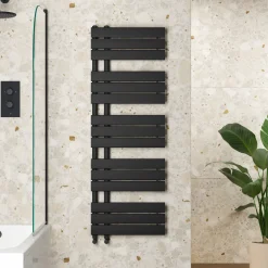 Toasty Haven Matt Black Flat Panel Offset Heated Towel Rail - 1290 x 500mm