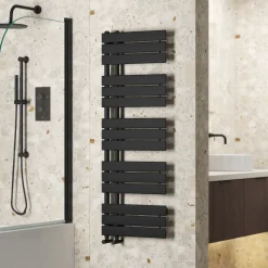 Toasty Haven Matt Black Flat Panel Offset Heated Towel Rail - 1290 x 500mm