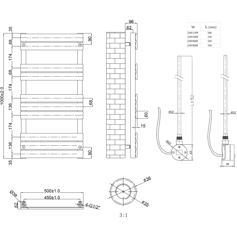 Toasty Hush Anthracite Electric Flat Panel Heated Towel Rail with Heating Element