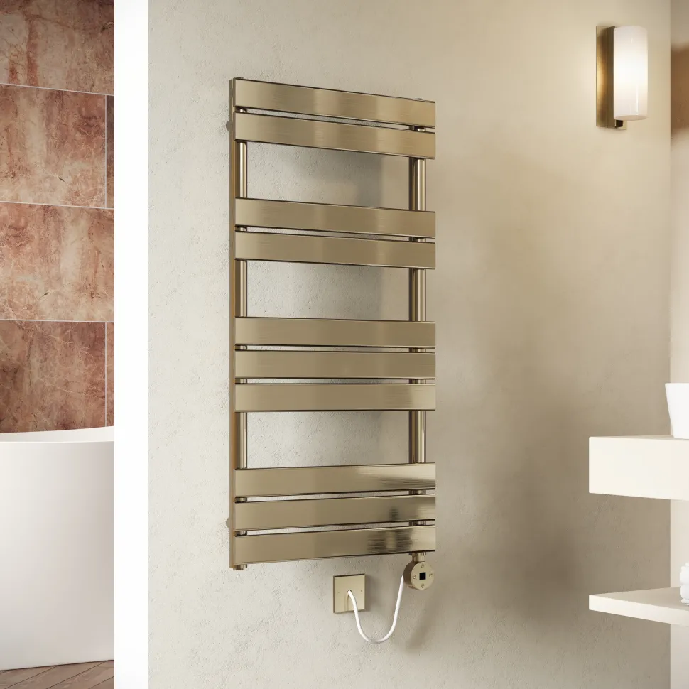 Toasty Hush Brushed Brass Electric Flat Panel Heated Towel Rail with Heating Element