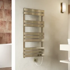 Toasty Hush Brushed Brass Electric Flat Panel Heated Towel Rail with Heating Element
