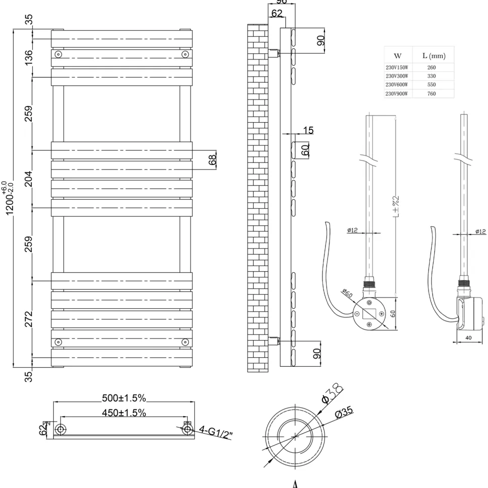 Toasty Hush Brushed Brass Electric Flat Panel Heated Towel Rail with Heating Element