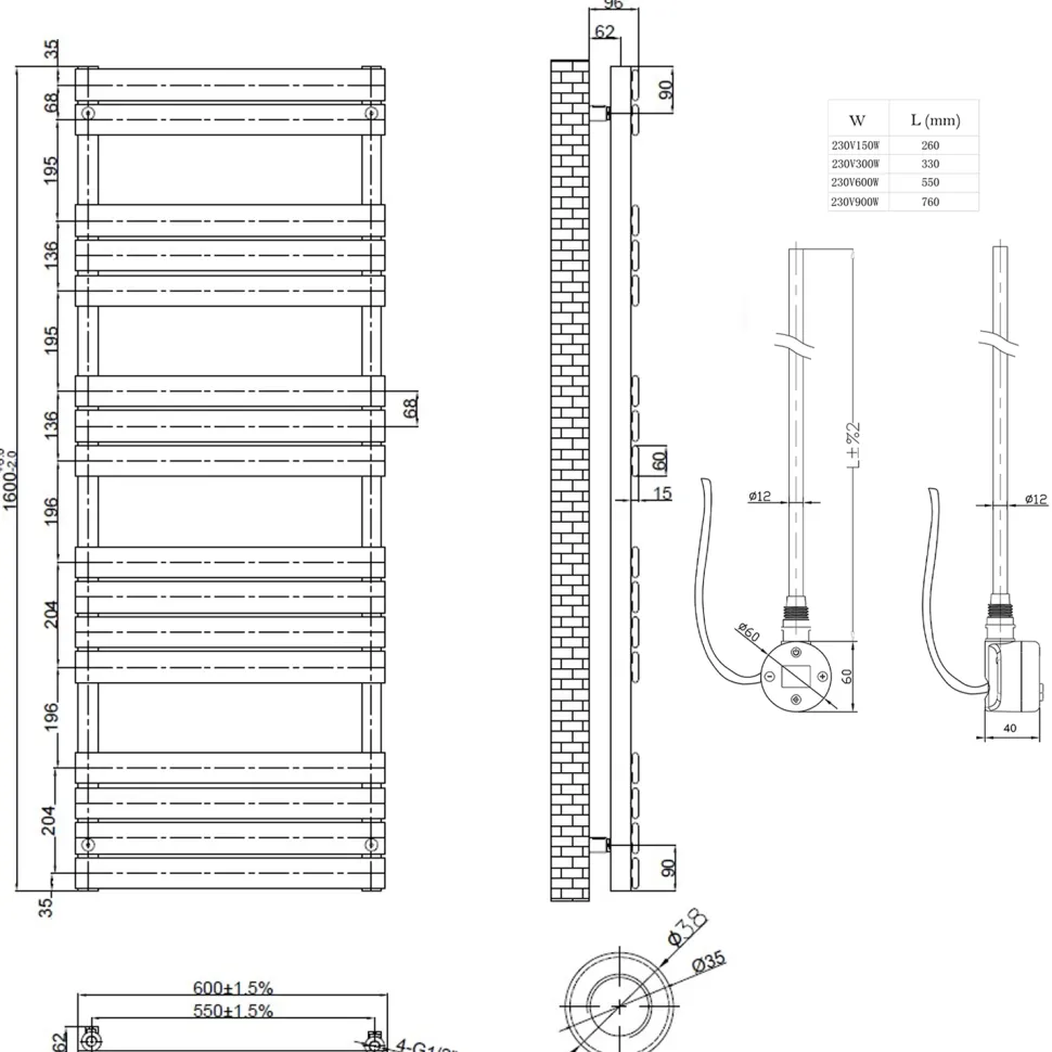 Toasty Hush Chrome Electric Flat Panel Heated Towel Rail with Heating Element