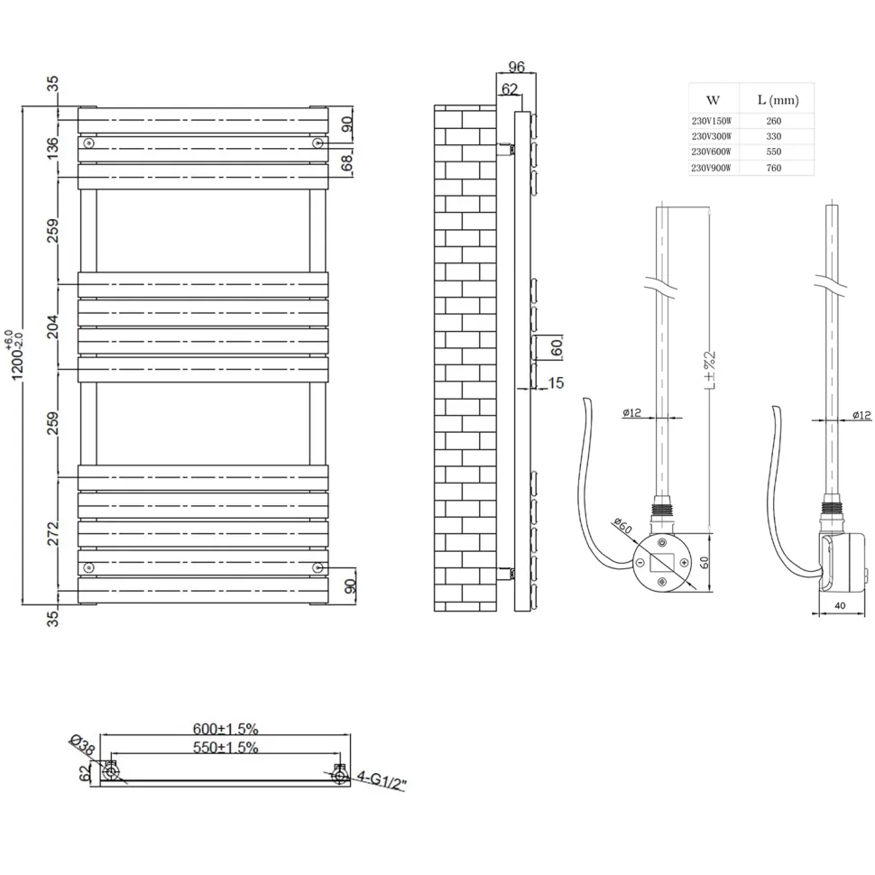 Toasty Hush Matt Black Electric Flat Panel Heated Towel Rail with Heating Element