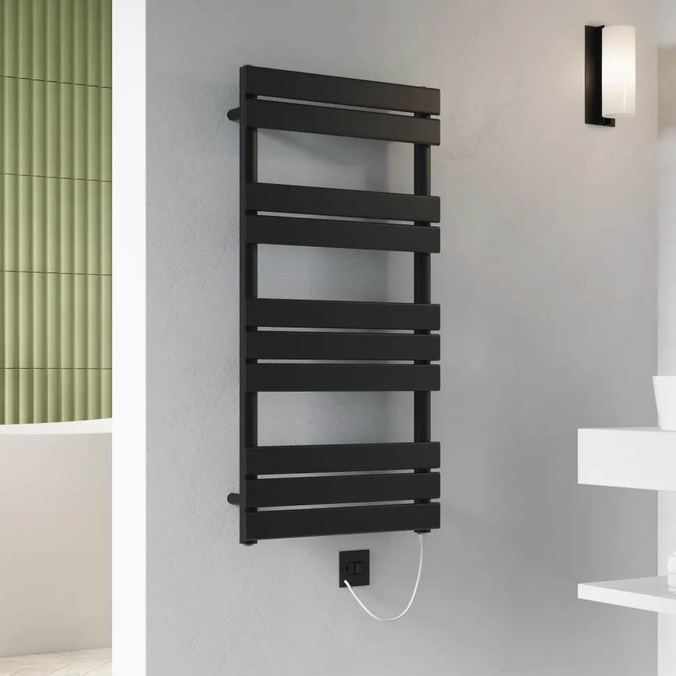 Toasty Hush Matt Black Electric Flat Panel Heated Towel Rail with Heating Element
