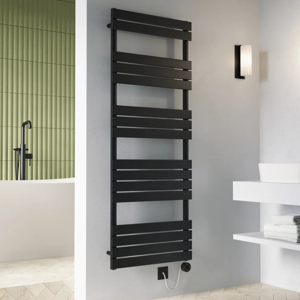 Toasty Hush Matt Black Electric Flat Panel Heated Towel Rail with Heating Element