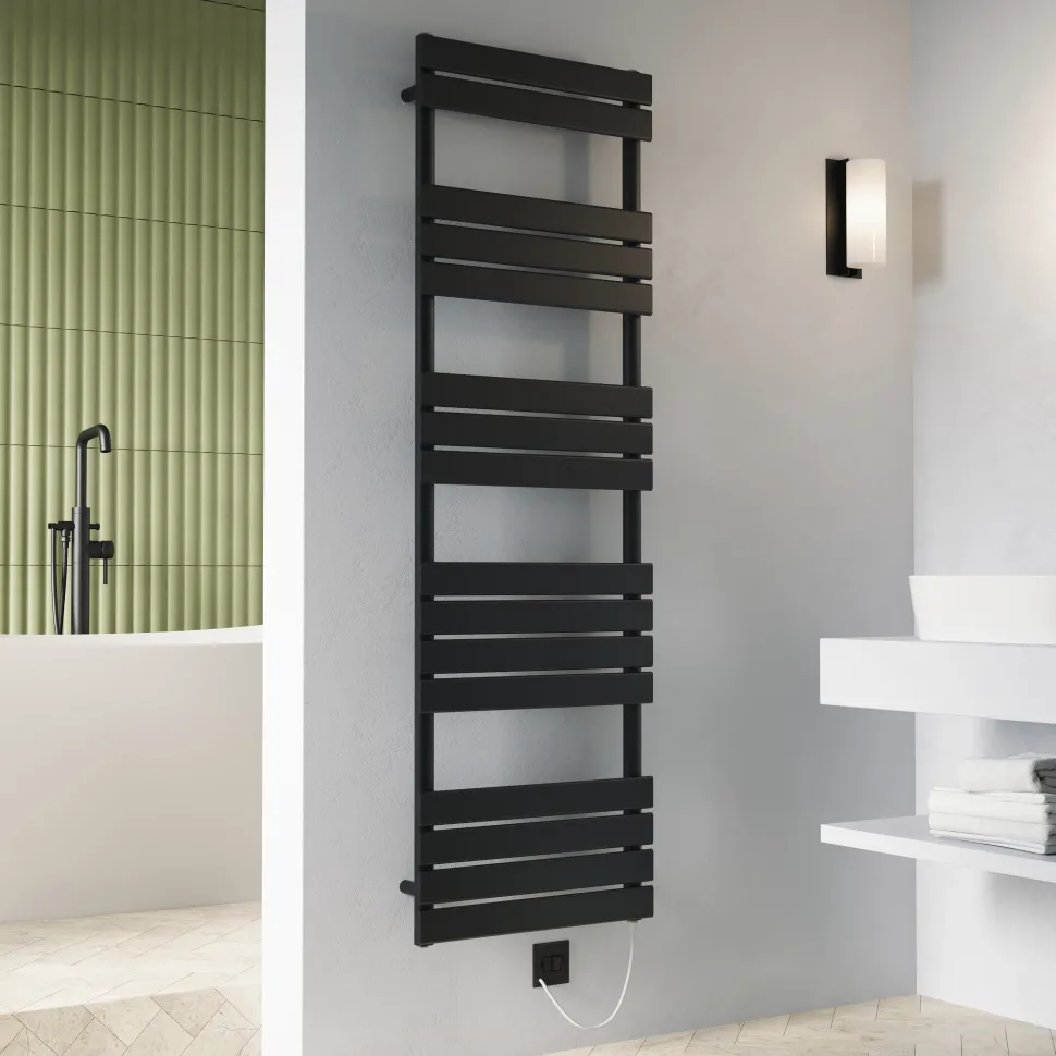 Toasty Hush Matt Black Electric Flat Panel Heated Towel Rail with Heating Element