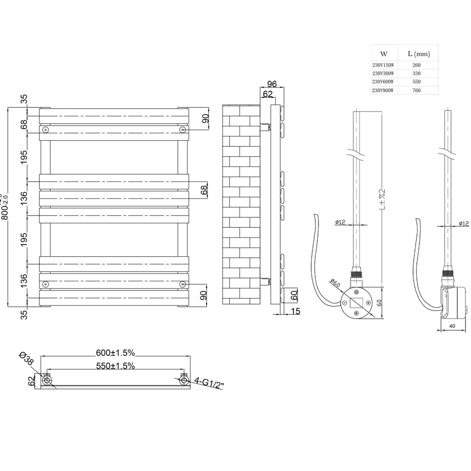 Toasty Hush Matt Black Electric Flat Panel Heated Towel Rail with Heating Element