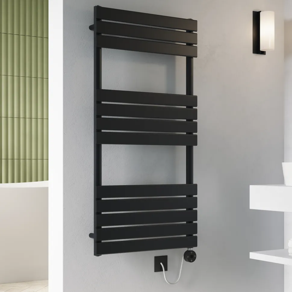 Toasty Hush Matt Black Electric Flat Panel Heated Towel Rail with Heating Element