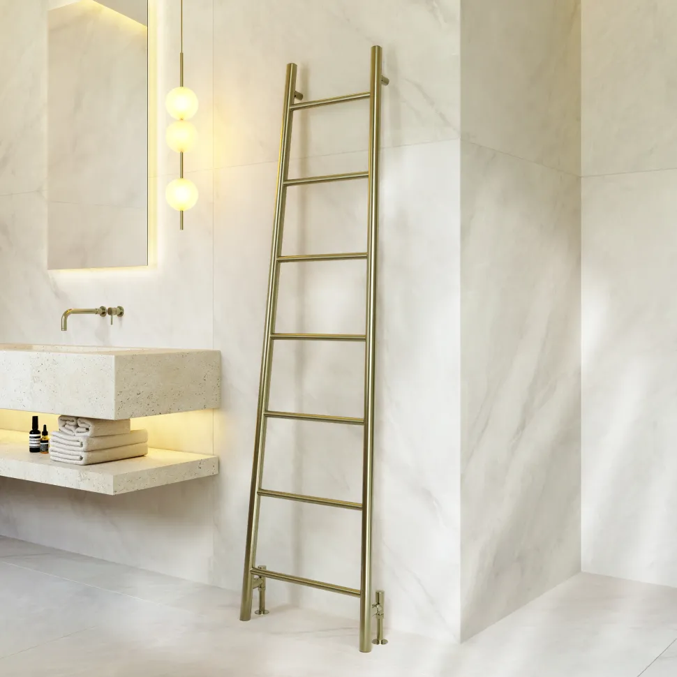 Toasty Oblique Brushed Brass Leaning Ladder Heated Towel Rail - 1800 x 500mm