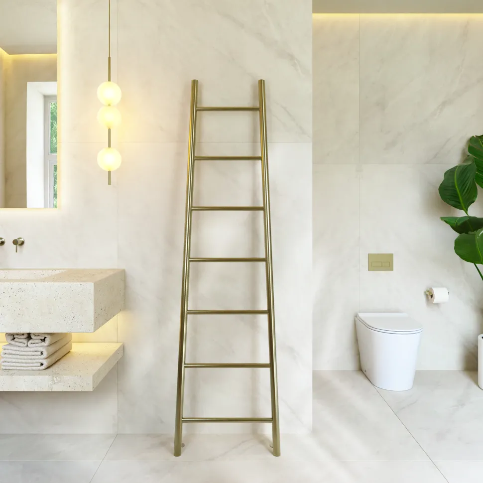 Toasty Oblique Brushed Brass Leaning Ladder Heated Towel Rail - 1800 x 500mm