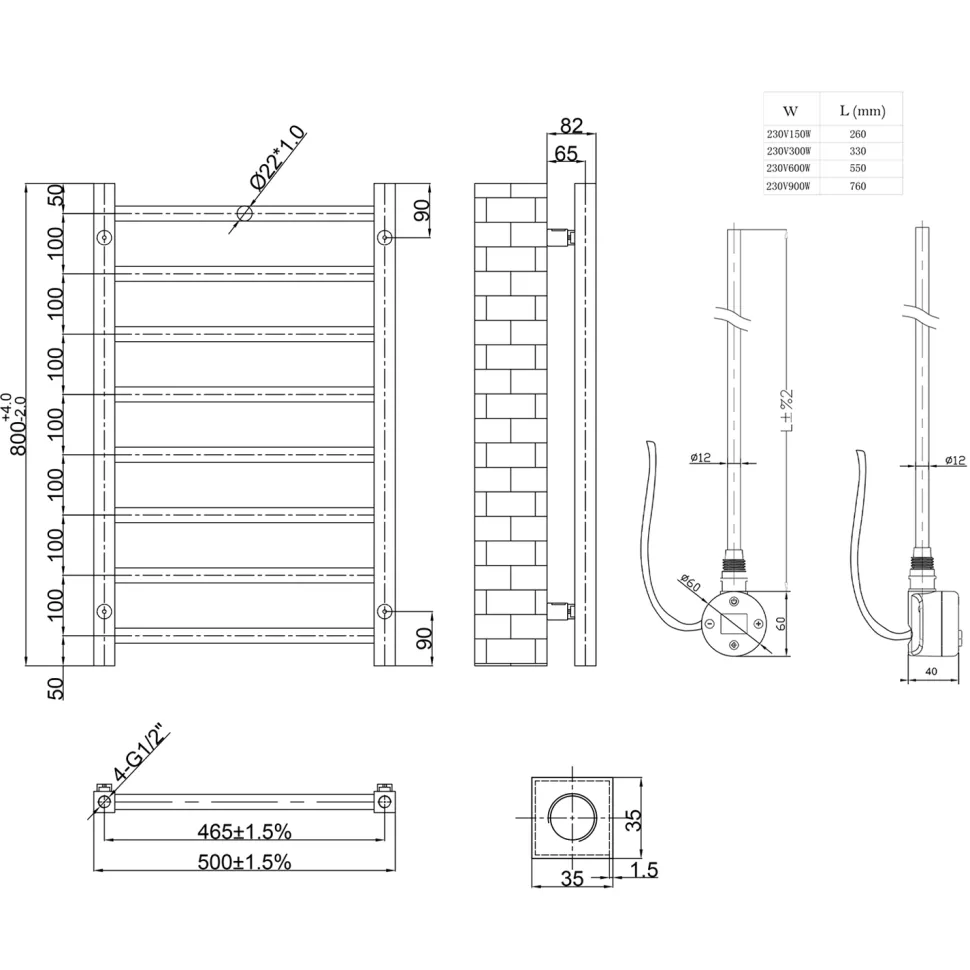 Toasty Rise Matt Black Electric Heated Towel Rail with Heating Element