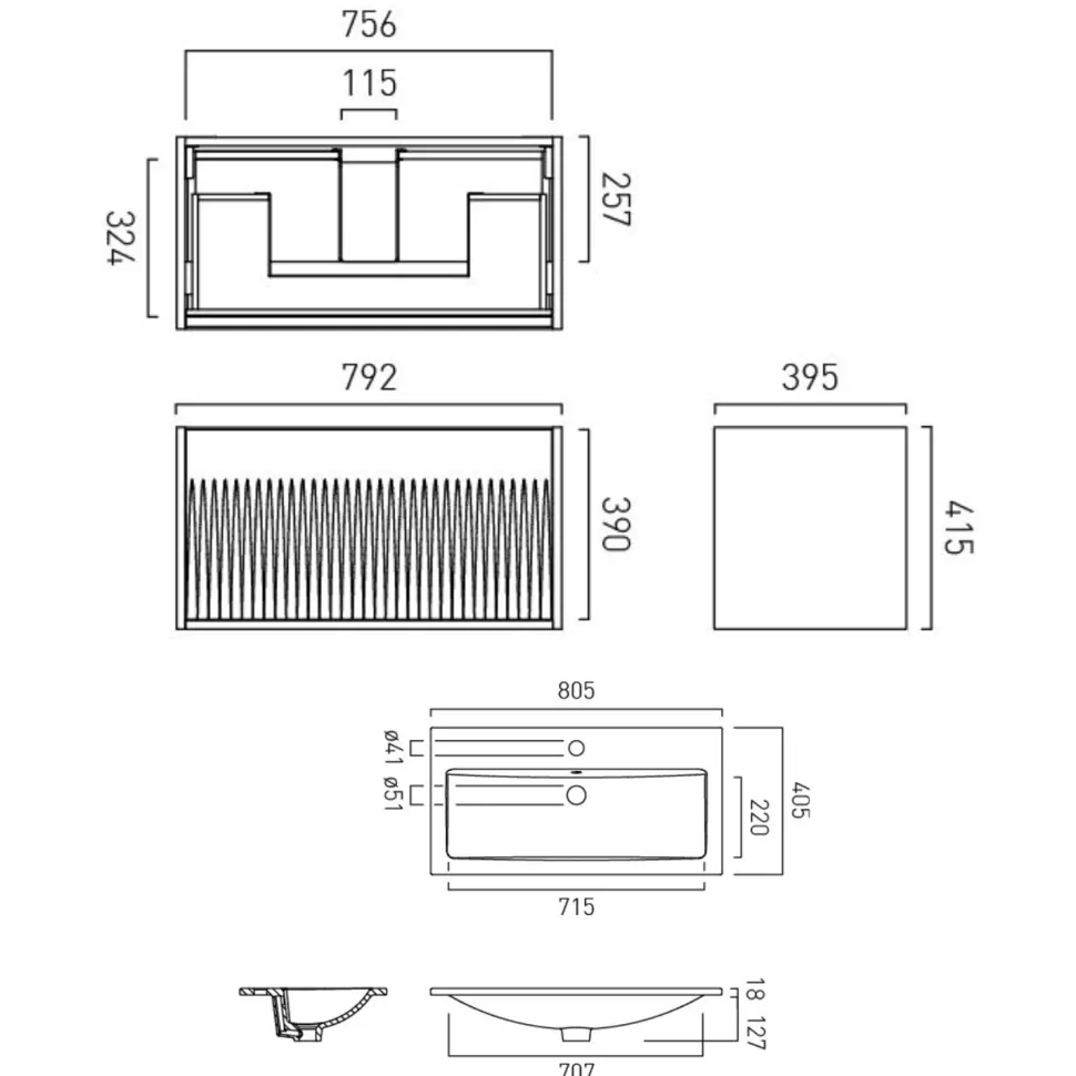 Vado Safari 800mm Fluted Wall Hung Vanity Unit & Basin