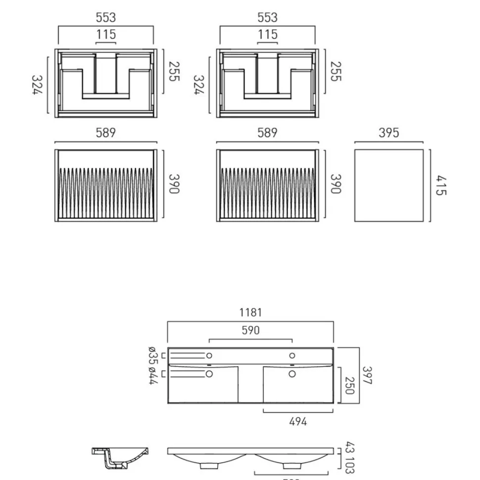 Vado Safari 1200mm Fluted Wall Hung Vanity Unit & Double Basin
